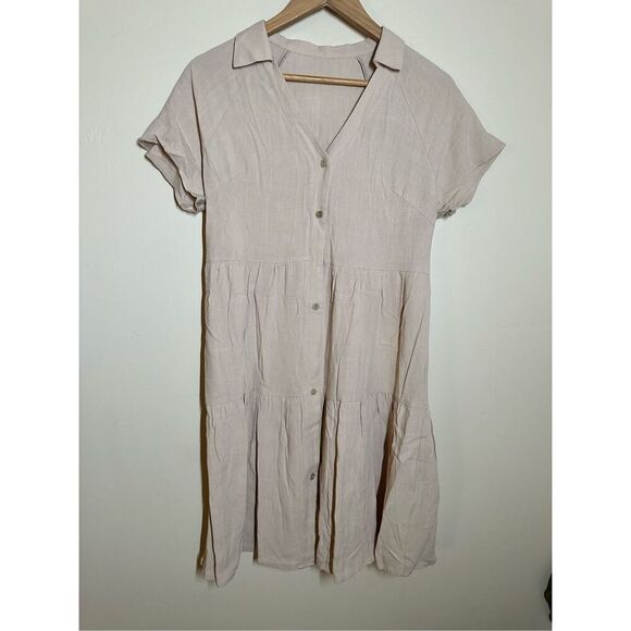 Cupshe Beige Button Front Linen Blend Dress Size Small New - Picture 3 of 5